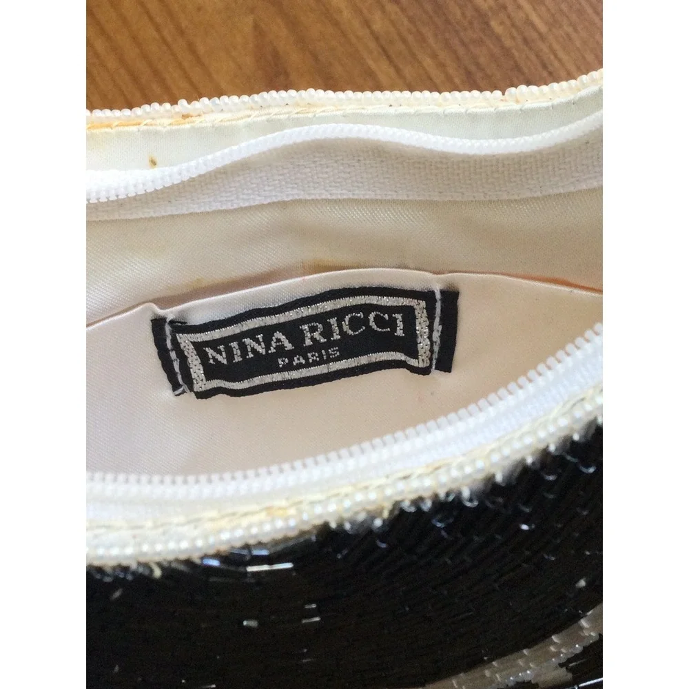 Vintage Nina Ricci Paris Beaded Purse Bag Black White Shoulder Evening Glam Owl‎